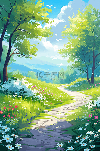 春天风景唯美油画手绘插画树林小路