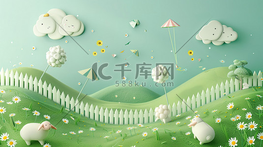 可爱羊羊插画图片_可爱的羊绿色草地3D卡通插画图片