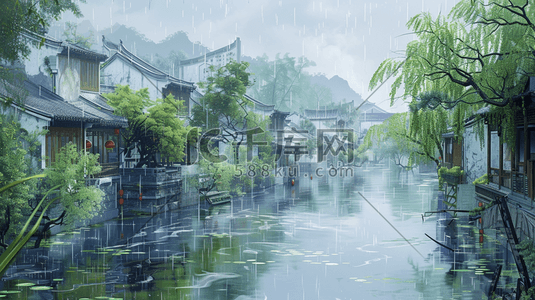 砖块插画图片_江南烟雨小镇风景插画1