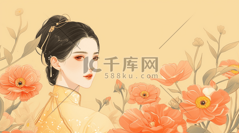 中国风古代美女赏花插画1