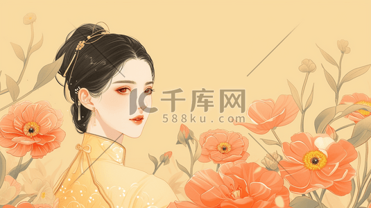 赏花插画图片_中国风古代美女赏花插画1