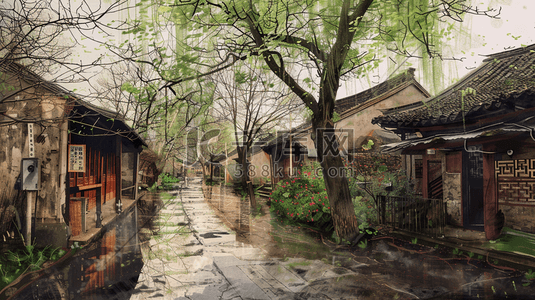 江南烟雨小镇风景插画4