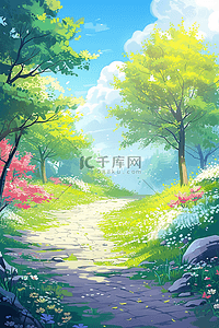 春天风景手绘唯美油画插画树林小路