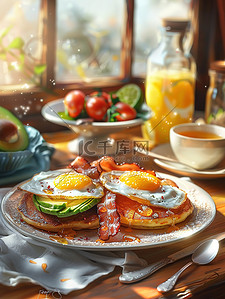早餐套装煎蛋烤培根土豆泥插画海报