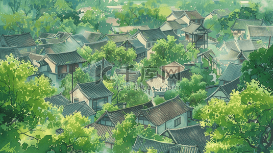 江南烟雨插画图片_江南烟雨小镇风景插画0