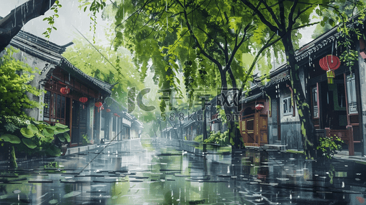 烟雨字体插画图片_江南烟雨小镇风景插画13