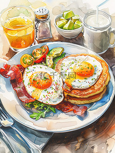 煎蛋太阳插画图片_早餐套装煎蛋烤培根土豆泥图片