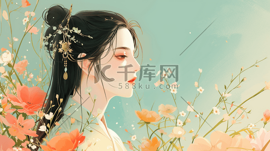 花中式插画图片_中国风古代美女赏花插画4