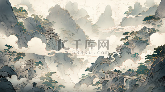 高山流水间水墨风格插画图片