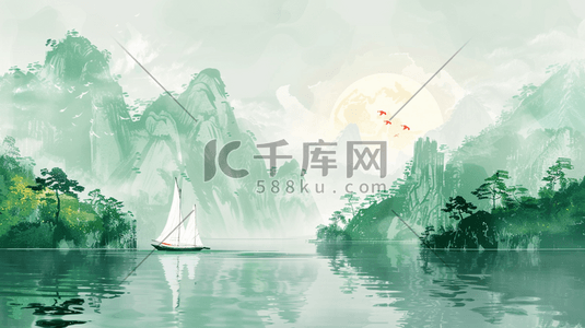 古典帆船插画图片_绿色中国风山水风景插画-