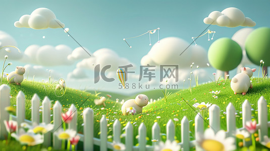 可爱的羊绿色草地3D卡通插画素材