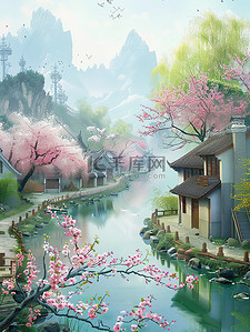 盛开的花朵的村庄插画图片