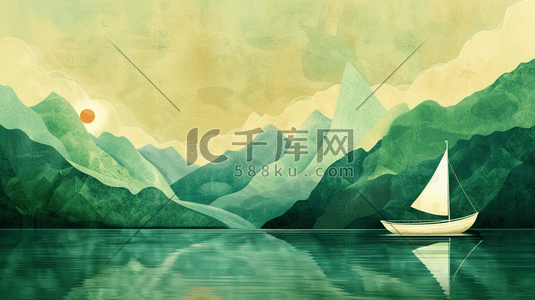 绿色中国风山水风景插画9