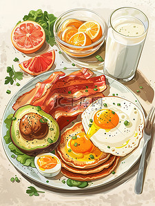 培根早餐插画图片_早餐套装煎蛋烤培根土豆泥图片