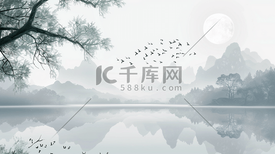 水墨中国画插画图片_中国风水墨风景插画-