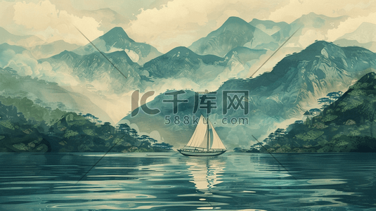 剪纸风太阳插画图片_绿色中国风山水风景插画7