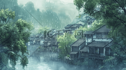 江南烟雨插画图片_江南烟雨小镇风景插画9