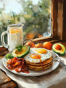 培根早餐插画图片_早餐套装煎蛋烤培根土豆泥插画素材