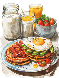 香菇煎蛋插画图片_早餐套装煎蛋烤培根土豆泥插画素材