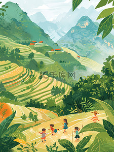 手绘中国风山景活动邀请函插画图片_南方的山景春天梯田插画图片