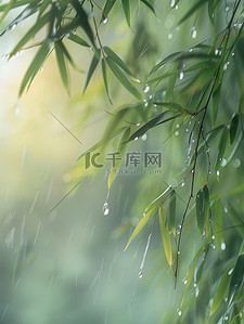 雨滴插画图片_雨滴落在竹叶上春天雨水矢量插画