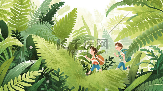 低帮徒步鞋插画图片_孩子们在森林徒步旅行插画海报