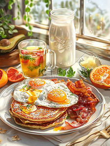 煎蛋太阳插画图片_早餐套装煎蛋烤培根土豆泥素材