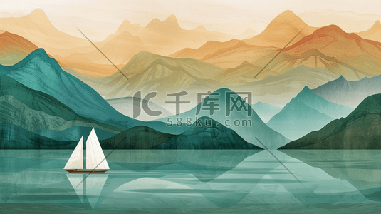 古典帆船插画图片_绿色中国风山水风景插画13