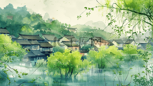 江南烟雨小镇风景插画6