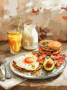 早餐套装煎蛋烤培根土豆泥插画海报