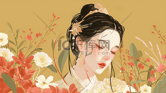 中式手绘花插画图片_中国风古代美女赏花插画3