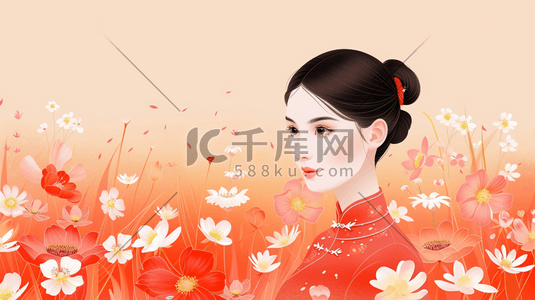 中国风古代美女赏花插画7