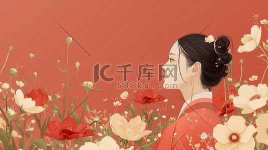 中国风古代美女赏花插画-