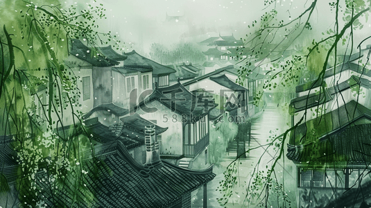 烟雨徽州插画图片_江南烟雨小镇风景插画12