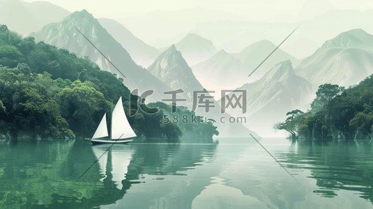 古典帆船插画图片_绿色中国风山水风景插画4