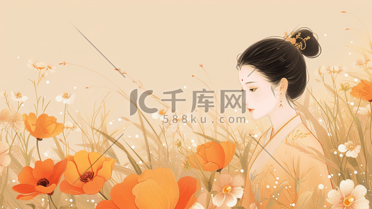 中式手绘花插画图片_中国风古代美女赏花插画=