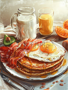 培根早餐插画图片_早餐套装煎蛋烤培根土豆泥插画海报