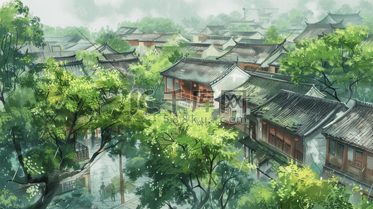 江南烟雨插画图片_江南烟雨小镇风景插画8