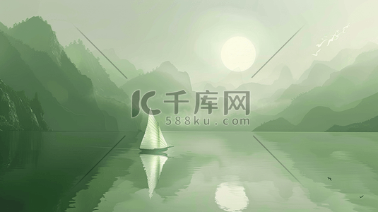绿色中国风山水风景插画5