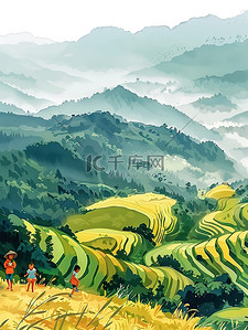 南方春天插画图片_南方的山景春天梯田插画素材