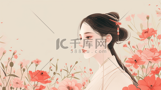 中式手绘花插画图片_中国风古代美女赏花插画6