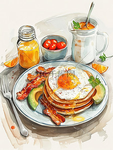 早餐套装煎蛋烤培根土豆泥插画设计