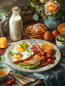 煎蛋太阳插画图片_早餐套装煎蛋烤培根土豆泥素材