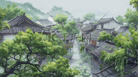 烟雨字体插画图片_江南烟雨小镇风景插画15