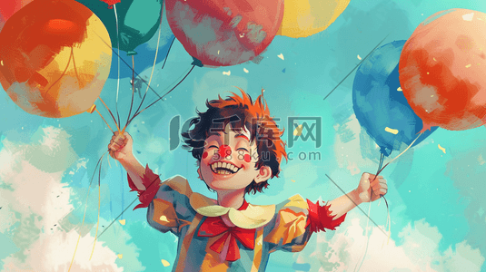 水彩风愚人节快乐小丑和气球插画
