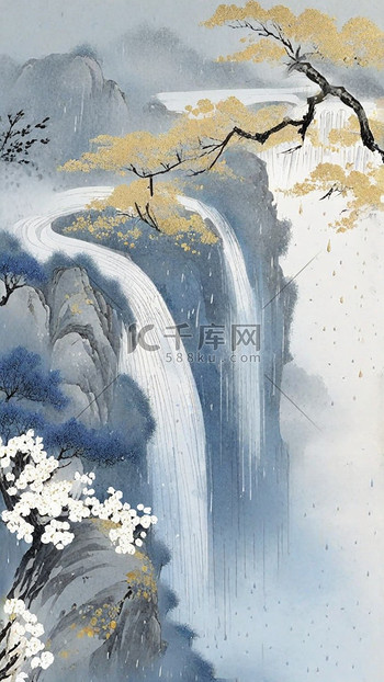 山水插画素材图片素材国风蓝金色彩墨春天清明节山水插画素材