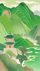 春国风插画图片_国风春景春天诗意山水插画8