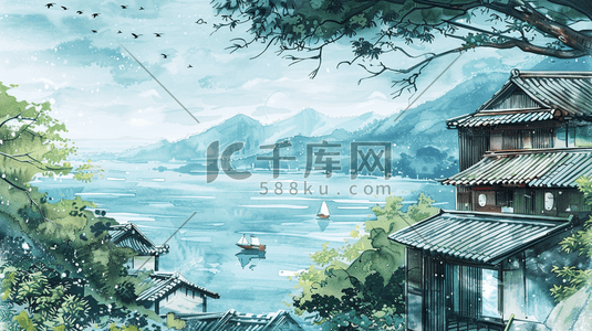 春季海边乡村风景插画11