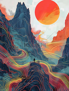 线条艺术极光着色山脉插画海报