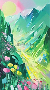 春天国风春景上春山诗意质感山水插画海报